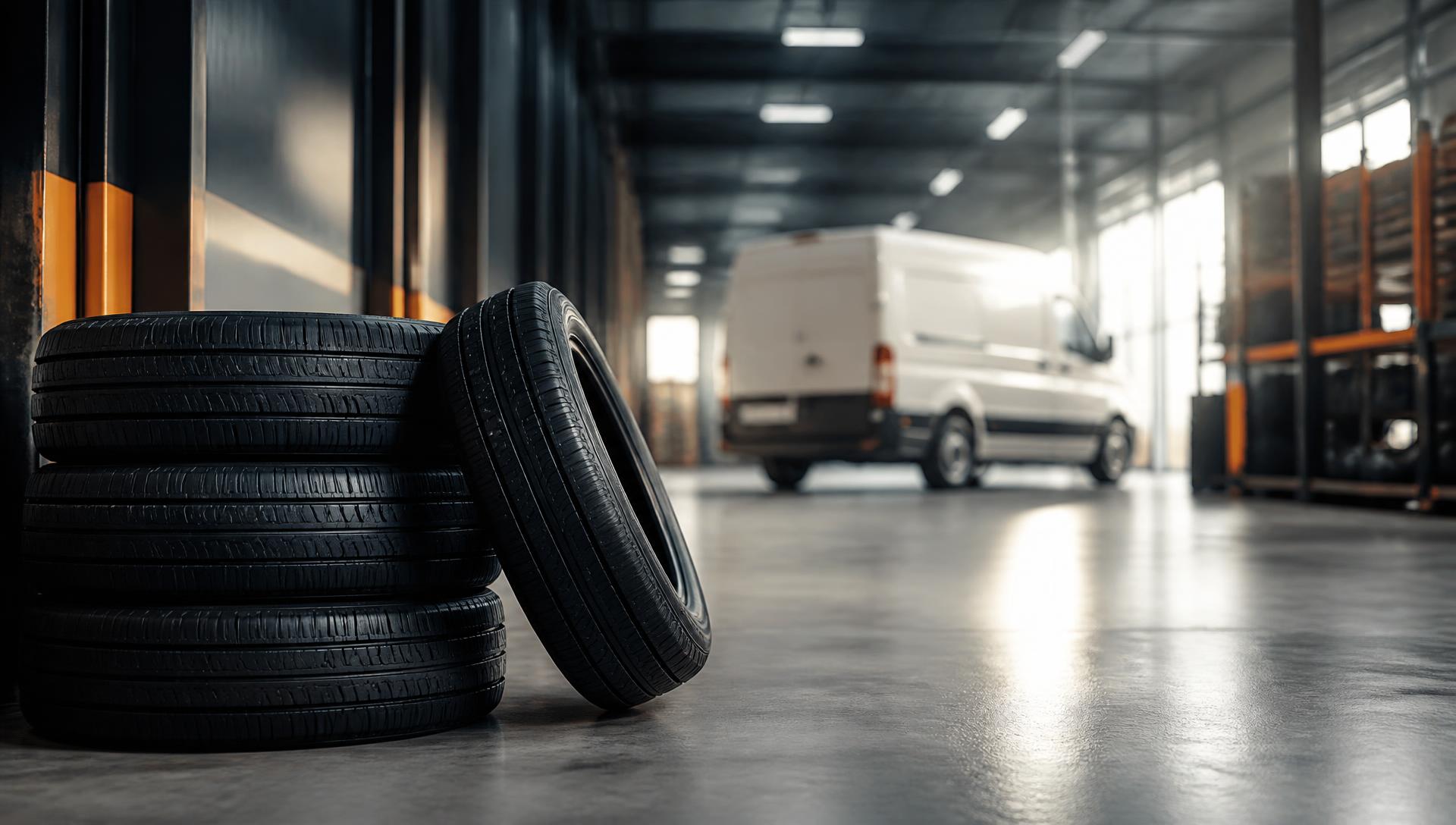 New tires stacked in an Edmonton delivery warehouse